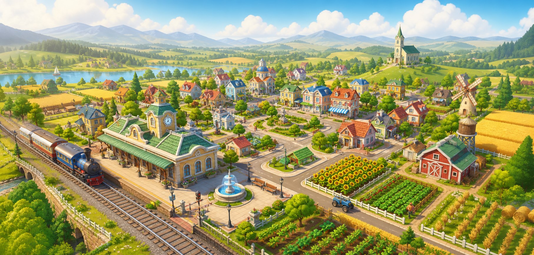 Illustrated town with farms, train station, houses, and countryside